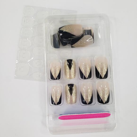 24pc Press On Nails Set Short Square Shape Black Cream Gold Glitter +Glue & File - Picture 2 of 6